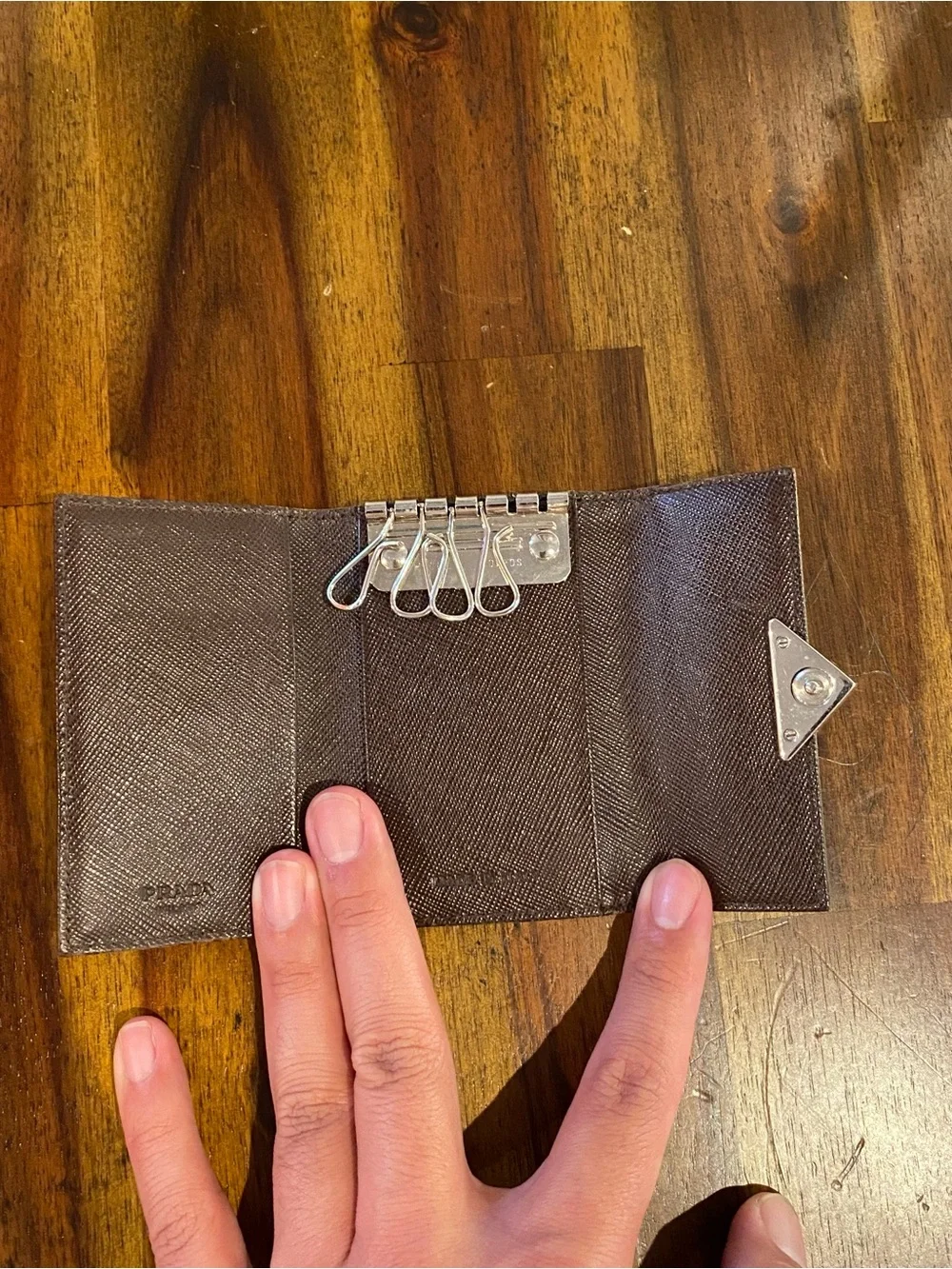 Prada Triangular Logo Key Holder in Olive Green
